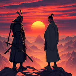 Two samurai standing on top of a majestic mountain, engaged in a discussion about their next destination