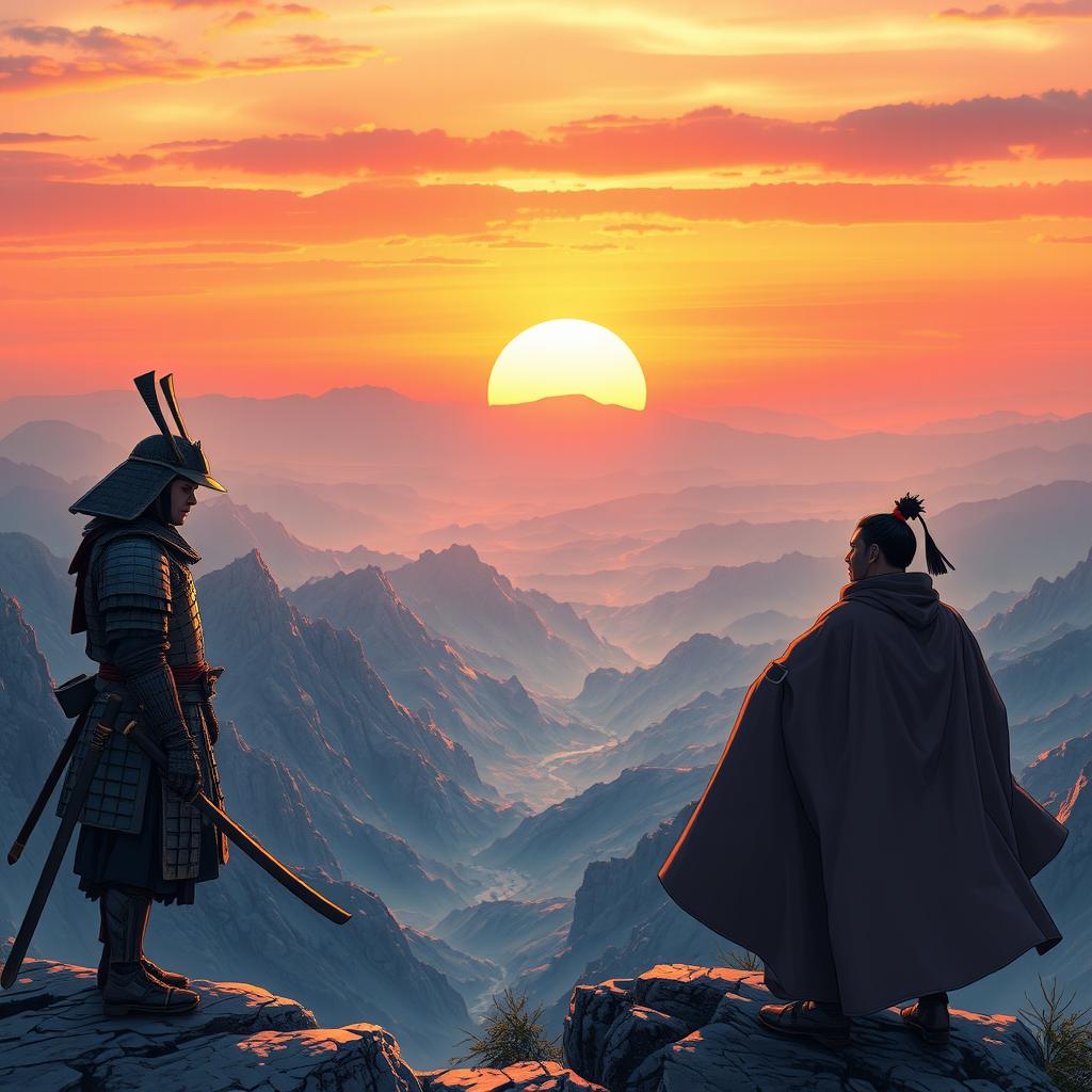 Two samurai standing on top of a majestic mountain, engaged in a discussion about their next destination