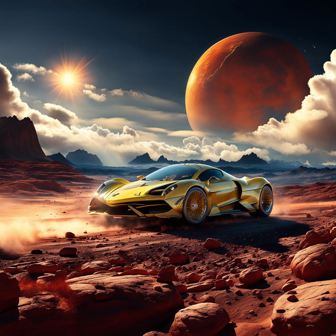 A yellow futuristic supercar speeding across Mars' landscape under a small sun on the horizon.