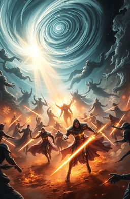 An epic scene depicting the Lightbringers engaged in a dramatic battle of light and shadows