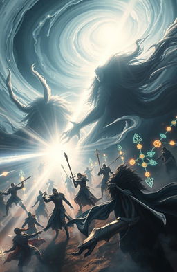 An epic scene depicting the Lightbringers engaged in a dramatic battle of light and shadows