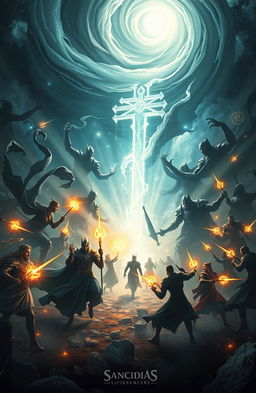 An epic scene depicting the Lightbringers engaged in a dramatic battle of light and shadows