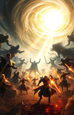 An epic scene depicting the Lightbringers engaged in a dramatic battle of light and shadows