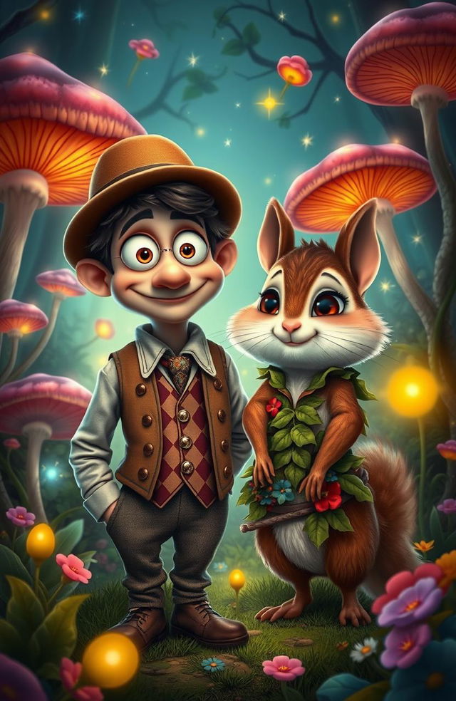 A whimsical fantasy scene featuring a wonky eyed man with a quirky expression, wearing a tailored colorful vest and a bowler hat