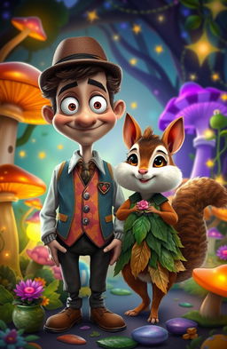 A whimsical fantasy scene featuring a wonky eyed man with a quirky expression, wearing a tailored colorful vest and a bowler hat