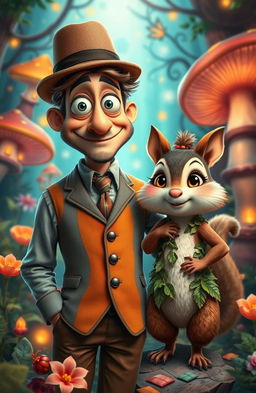 A whimsical fantasy scene featuring a wonky eyed man with a quirky expression, wearing a tailored colorful vest and a bowler hat