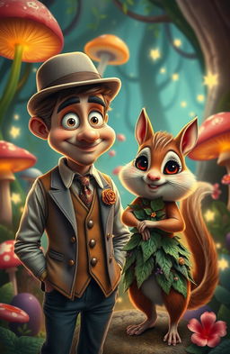 A whimsical fantasy scene featuring a wonky eyed man with a quirky expression, wearing a tailored colorful vest and a bowler hat