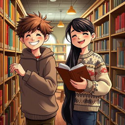 A cozy library scene showcasing a 16-year-old boy named Ben, who has fluffy brown hair and a bright smile, as he sorts through books on a shelf