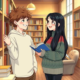 A cozy library scene showcasing a 16-year-old boy named Ben, who has fluffy brown hair and a bright smile, as he sorts through books on a shelf