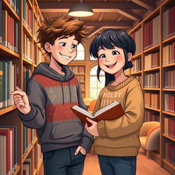 A cozy library scene showcasing a 16-year-old boy named Ben, who has fluffy brown hair and a bright smile, as he sorts through books on a shelf
