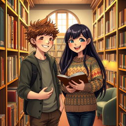 A cozy library scene showcasing a 16-year-old boy named Ben, who has fluffy brown hair and a bright smile, as he sorts through books on a shelf