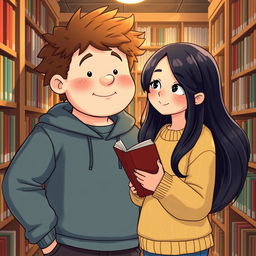 In a cozy library setting, a 16-year-old boy named Ben stands confidently among the shelves, his extremely fluffy hair framing his round face