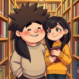 In a cozy library setting, a 16-year-old boy named Ben stands confidently among the shelves, his extremely fluffy hair framing his round face