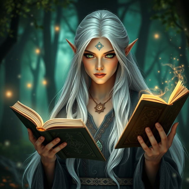 A female elf wizard with elegant, long white hair and captivating emerald green eyes, portrayed in the midst of a magical incantation