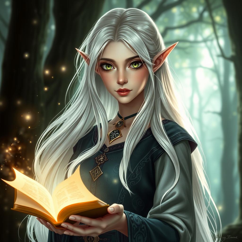 A female elf wizard with elegant, long white hair and captivating emerald green eyes, portrayed in the midst of a magical incantation