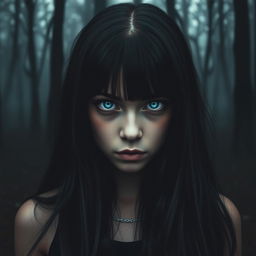A girl with bright blue eyes, radiating intensity with a piercing death stare
