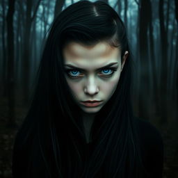 A girl with bright blue eyes, radiating intensity with a piercing death stare