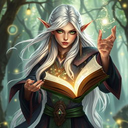 A female elf wizard with long, flowing white hair and mesmerizing emerald green eyes, depicted in a dramatic pose as she invokes powerful magic