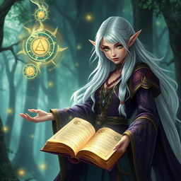 A female elf wizard with long, flowing white hair and mesmerizing emerald green eyes, depicted in a dramatic pose as she invokes powerful magic
