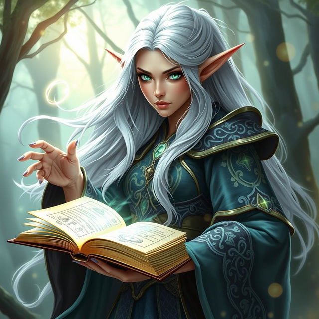 A female elf wizard with long, flowing white hair and mesmerizing emerald green eyes, depicted in a dramatic pose as she invokes powerful magic