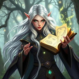 A female elf wizard with long, flowing white hair and mesmerizing emerald green eyes, depicted in a dramatic pose as she invokes powerful magic