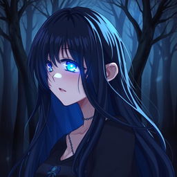 An anime-style illustration of a girl with bright blue glowing eyes that stand out vibrantly against the dark woods behind her