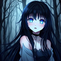 An anime-style illustration of a girl with bright blue glowing eyes that stand out vibrantly against the dark woods behind her