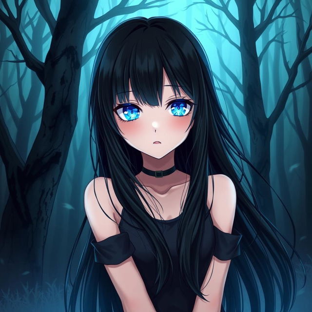 An anime-style illustration of a girl with bright blue glowing eyes that stand out vibrantly against the dark woods behind her