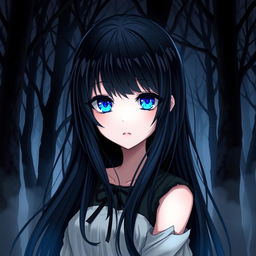 An anime-style illustration of a girl with bright blue glowing eyes that stand out vibrantly against the dark woods behind her