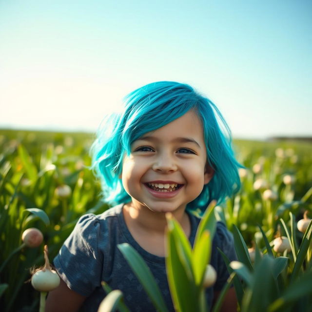 A cheerful little girl with vibrant cyan/teal hair, smiling brightly in a lush turnip field under a clear blue sky