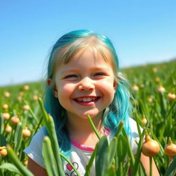A cheerful little girl with vibrant cyan/teal hair, smiling brightly in a lush turnip field under a clear blue sky