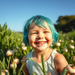 A cheerful little girl with vibrant cyan/teal hair, smiling brightly in a lush turnip field under a clear blue sky