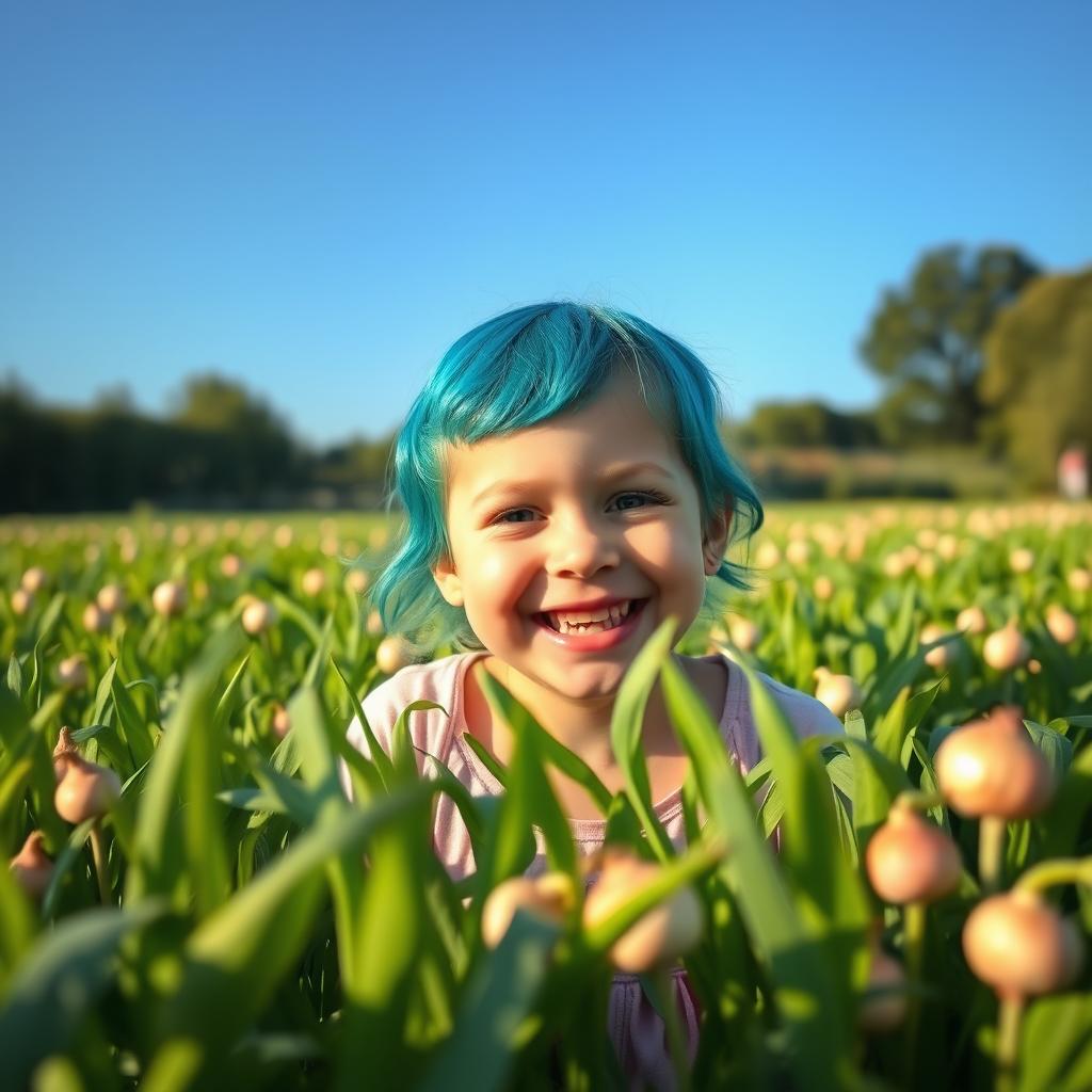 A cheerful little girl with vibrant cyan/teal hair, smiling brightly in a lush turnip field under a clear blue sky