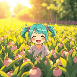 An anime-style illustration of a cheerful little girl with cyan/teal hair styled in playful pigtails, smiling joyfully in a vibrant turnip field under a bright sunny day