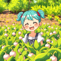 An anime-style illustration of a cheerful little girl with cyan/teal hair styled in playful pigtails, smiling joyfully in a vibrant turnip field under a bright sunny day