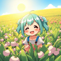 An anime-style illustration of a cheerful little girl with cyan/teal hair styled in playful pigtails, smiling joyfully in a vibrant turnip field under a bright sunny day