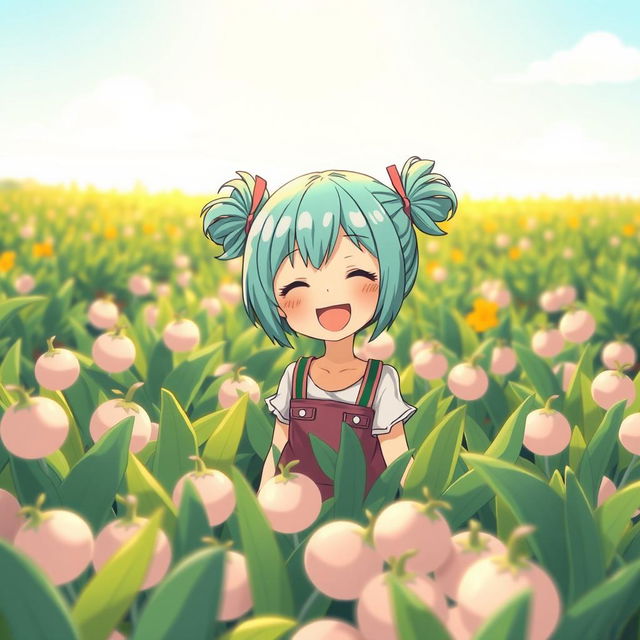 An anime-style illustration of a cheerful little girl with cyan/teal hair styled in playful pigtails, smiling joyfully in a vibrant turnip field under a bright sunny day