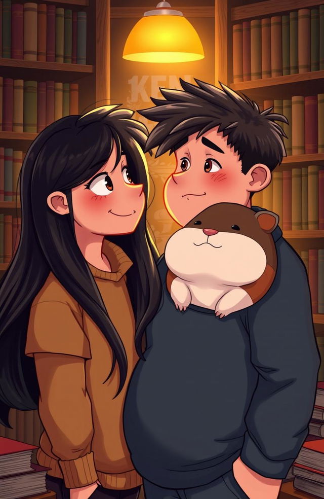 A romantic scene set in a cozy library where a 16-year-old boy named Ben is gazing lovingly at a girl named Molly