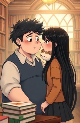 A romantic scene set in a cozy library where a 16-year-old boy named Ben is gazing lovingly at a girl named Molly