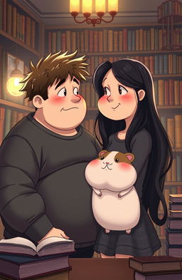 A romantic scene set in a cozy library where a 16-year-old boy named Ben is gazing lovingly at a girl named Molly