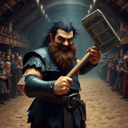 An underground fight arena with a dirt floor bustling with medieval commoners, all eagerly watching the action