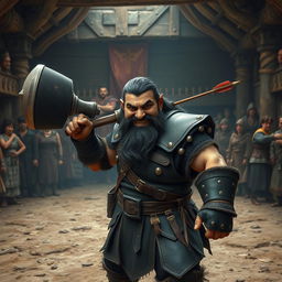An underground fight arena with a dirt floor bustling with medieval commoners, all eagerly watching the action