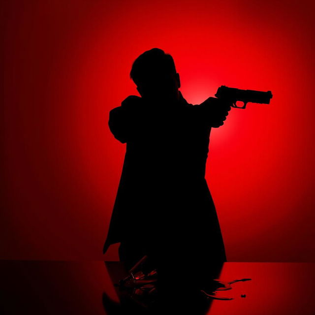 A striking silhouette of a man holding a gun aimed to the right, set against a deep blood-red background