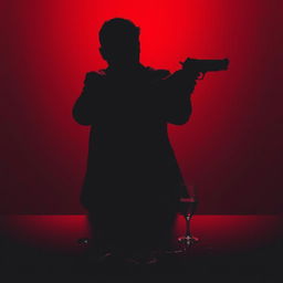 A striking silhouette of a man holding a gun aimed to the right, set against a deep blood-red background