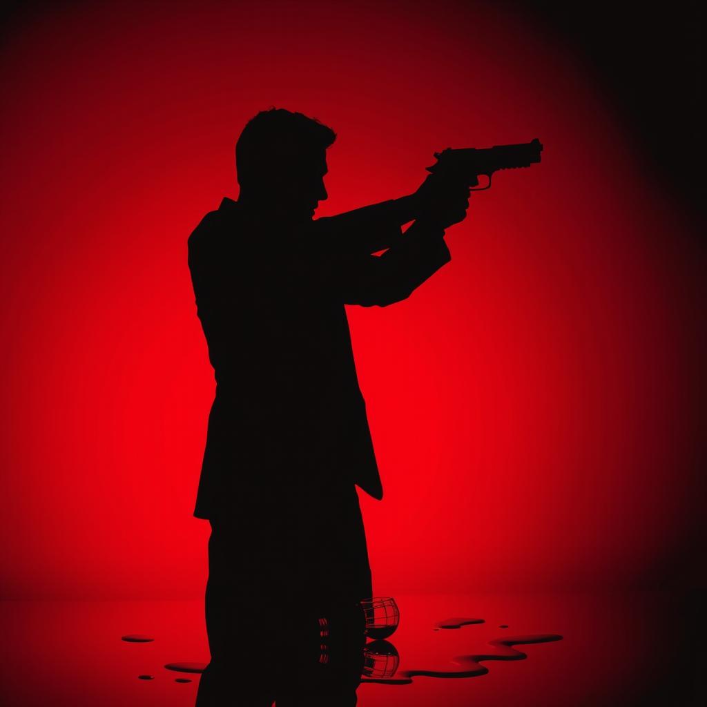 A striking silhouette of a man holding a gun aimed to the right, set against a deep blood-red background