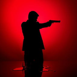 A striking silhouette of a man holding a gun aimed to the right, set against a deep blood-red background