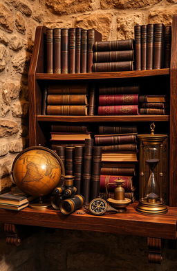 A rustic wooden shelf filled with ancient books, each with detailed, ornate covers and spine embellishments