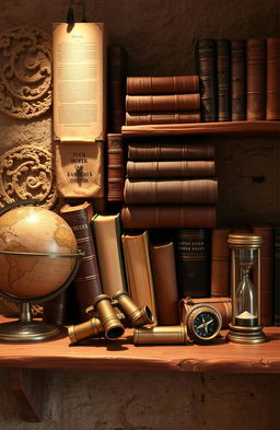 A rustic wooden shelf filled with ancient books, each with detailed, ornate covers and spine embellishments