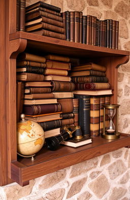 A rustic wooden shelf filled with ancient books, each with detailed, ornate covers and spine embellishments