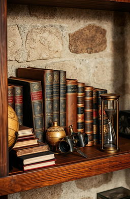 A rustic wooden shelf filled with ancient books, each with detailed, ornate covers and spine embellishments